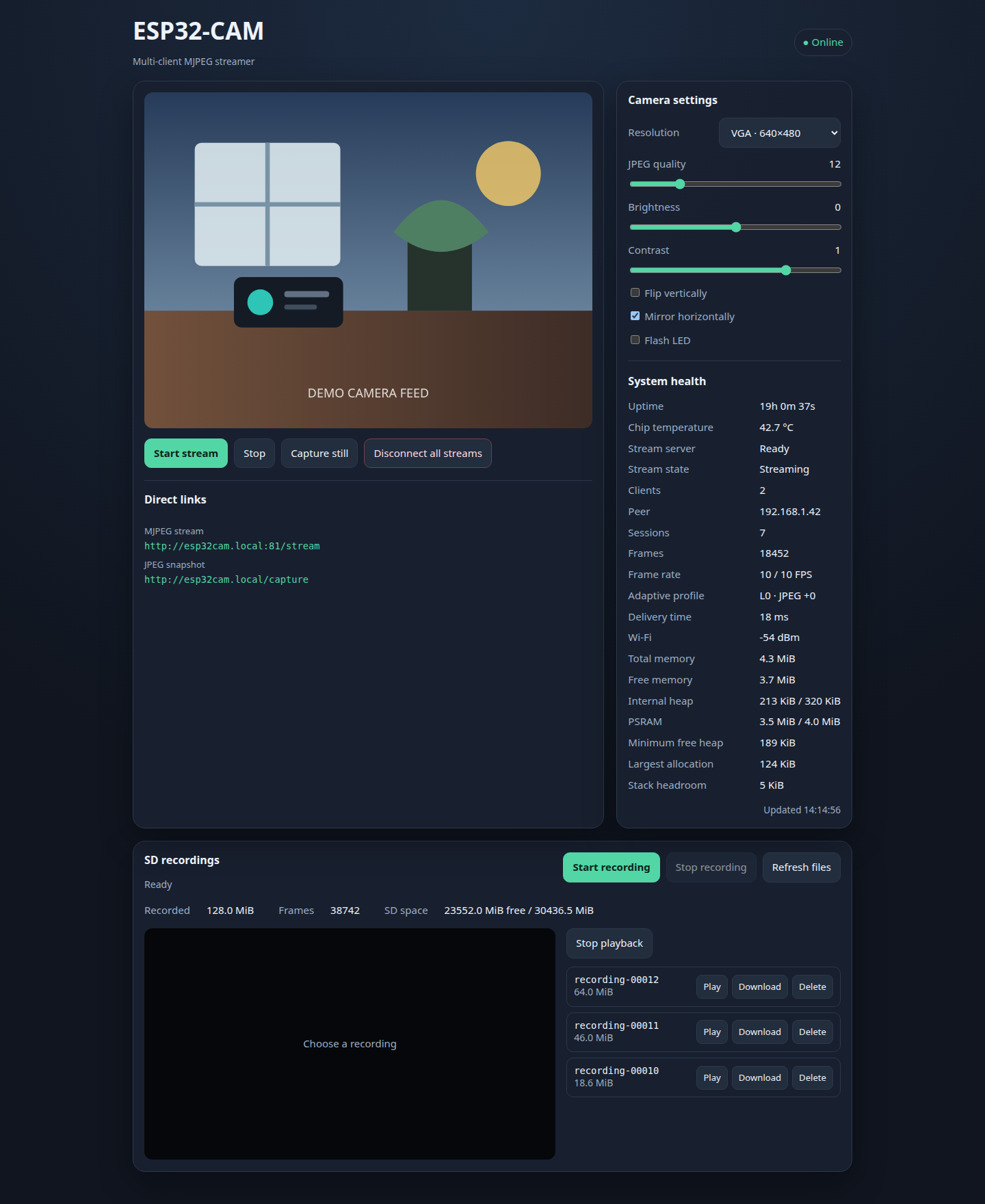 Responsive ESP32-CAM dashboard with a simulated camera feed, camera settings, system health and SD recording controls.